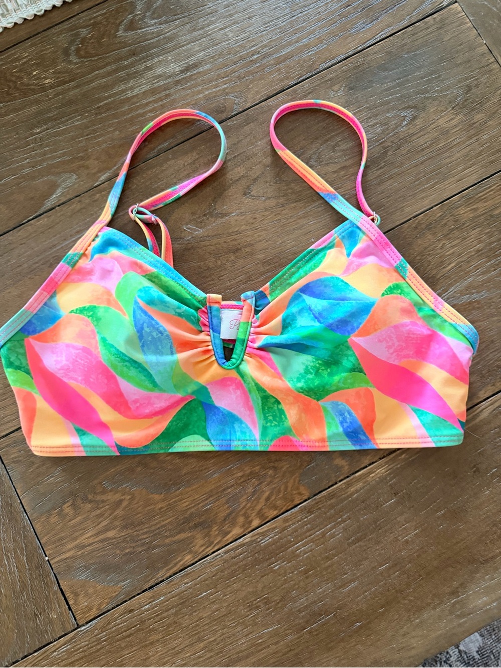 Pink Lily Women’s Swim Top in Bright Pink, Orange, Green & Blue Leaf Print